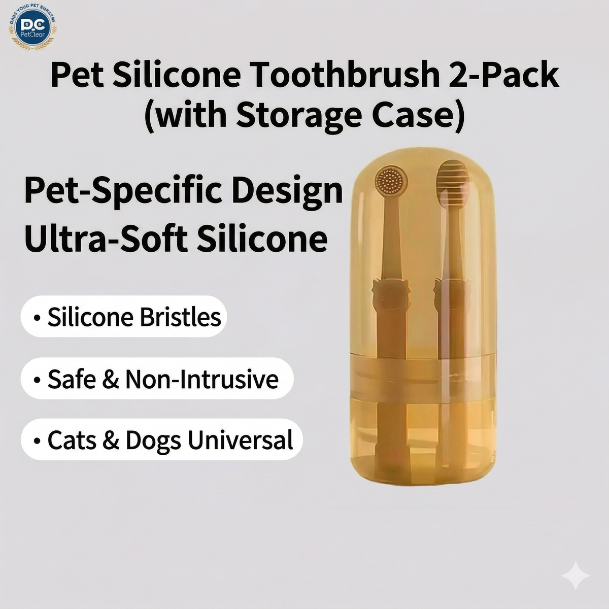 Pet silicone toothbrush 2-pack with protective yellow storage case for cats and dogs