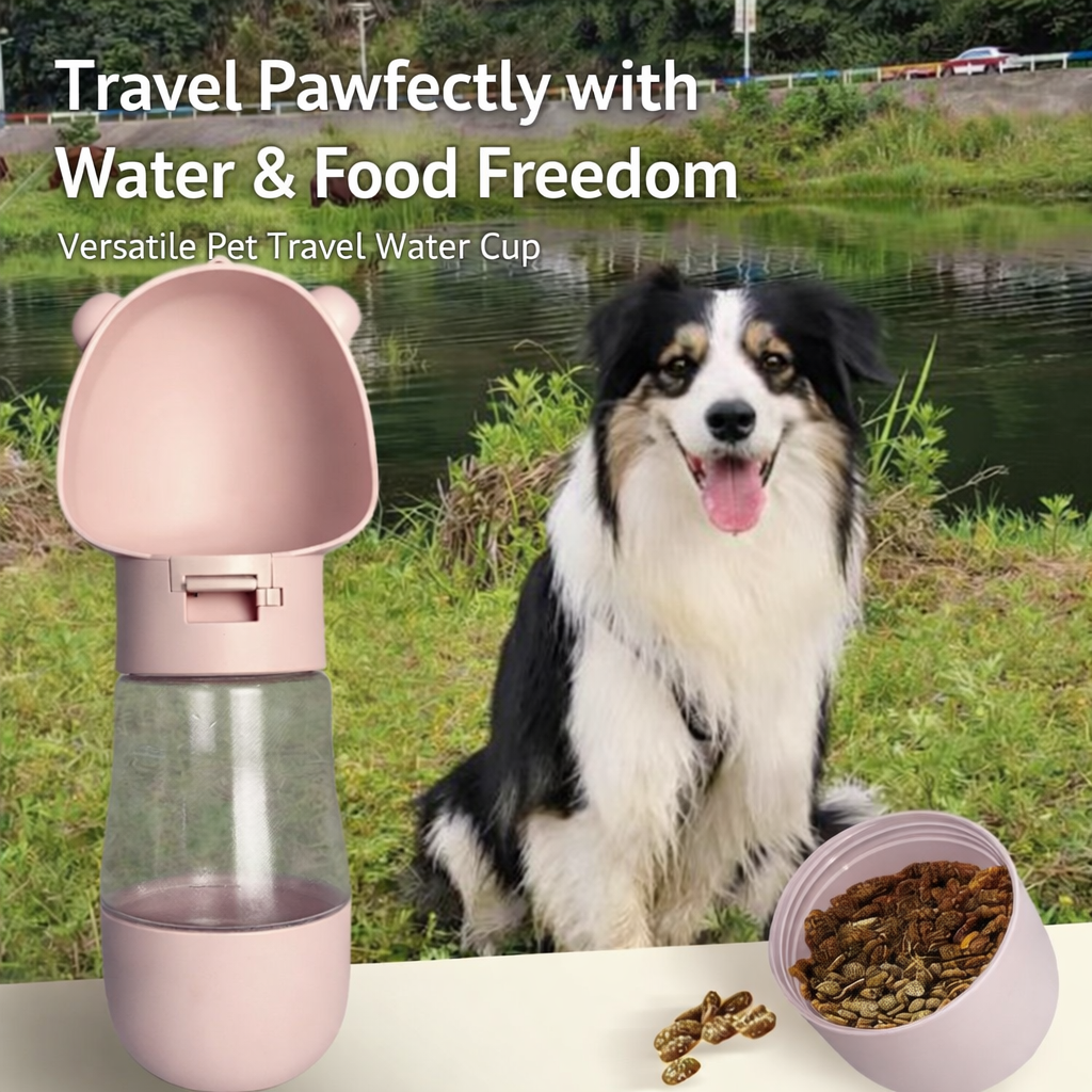 Pink 2-in-1 portable pet travel water bottle and food feeder cup
