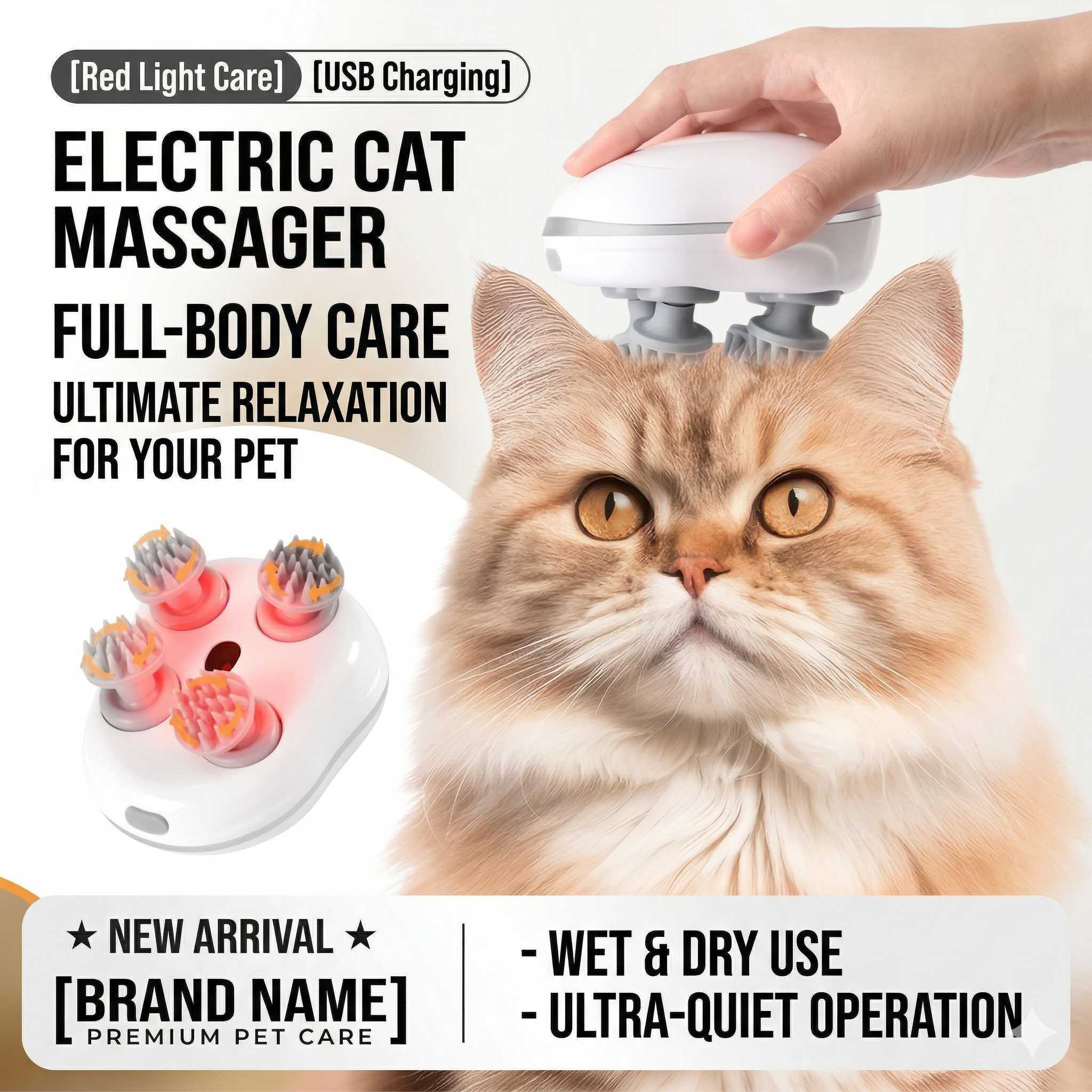 Electric smart pet massager being used on longhair cat for head and neck full body relaxation