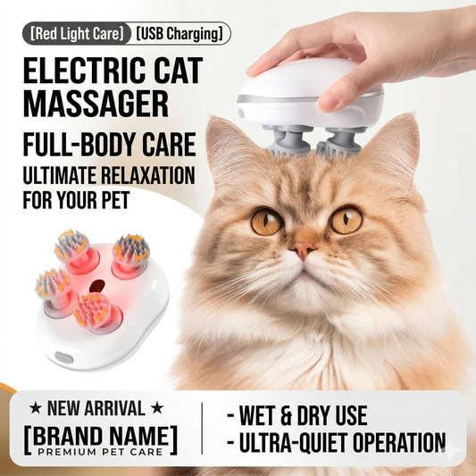Electric smart pet massager being used on longhair cat for head and neck full body relaxation
