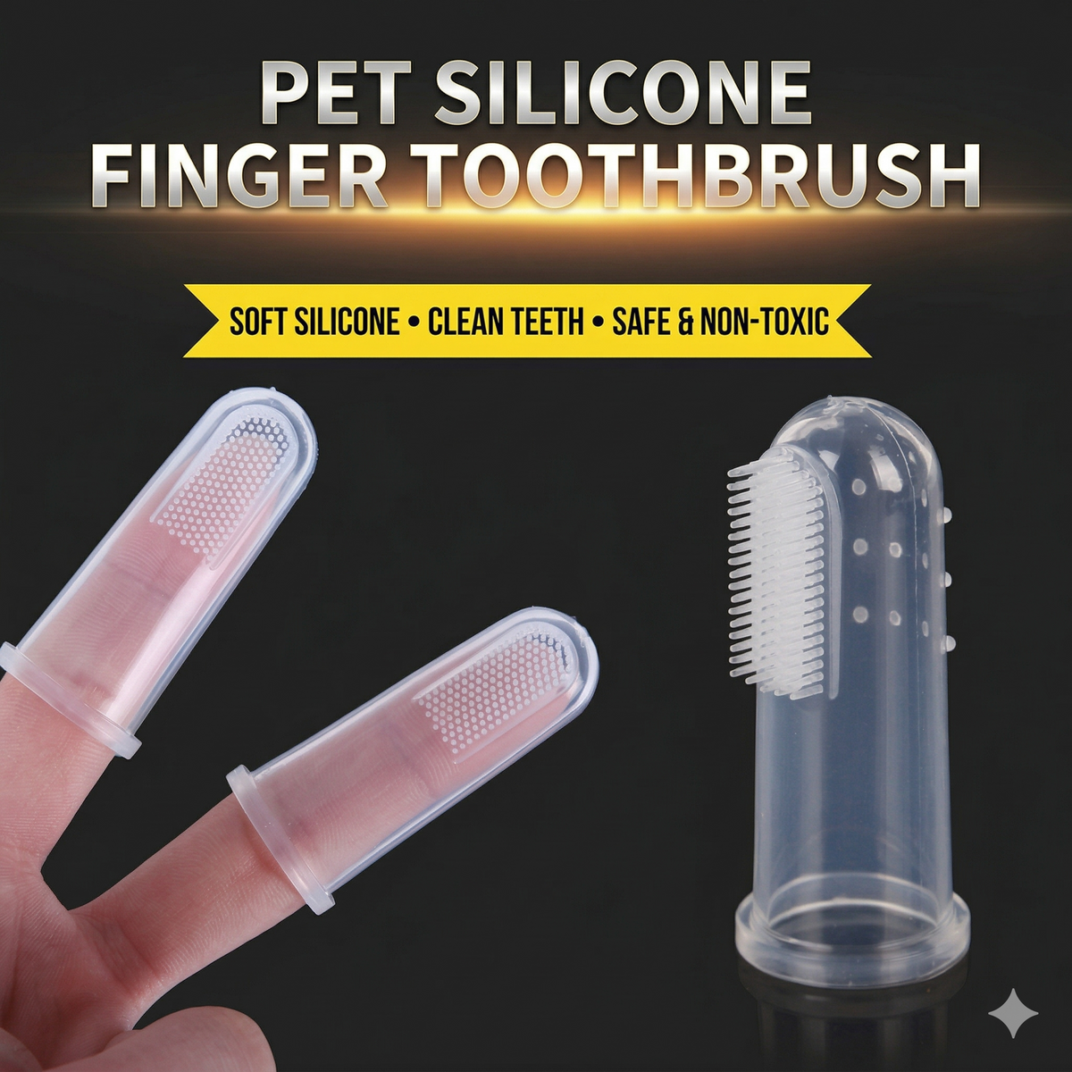 Clear soft silicone pet finger toothbrush placed on index finger for cat and dog oral care