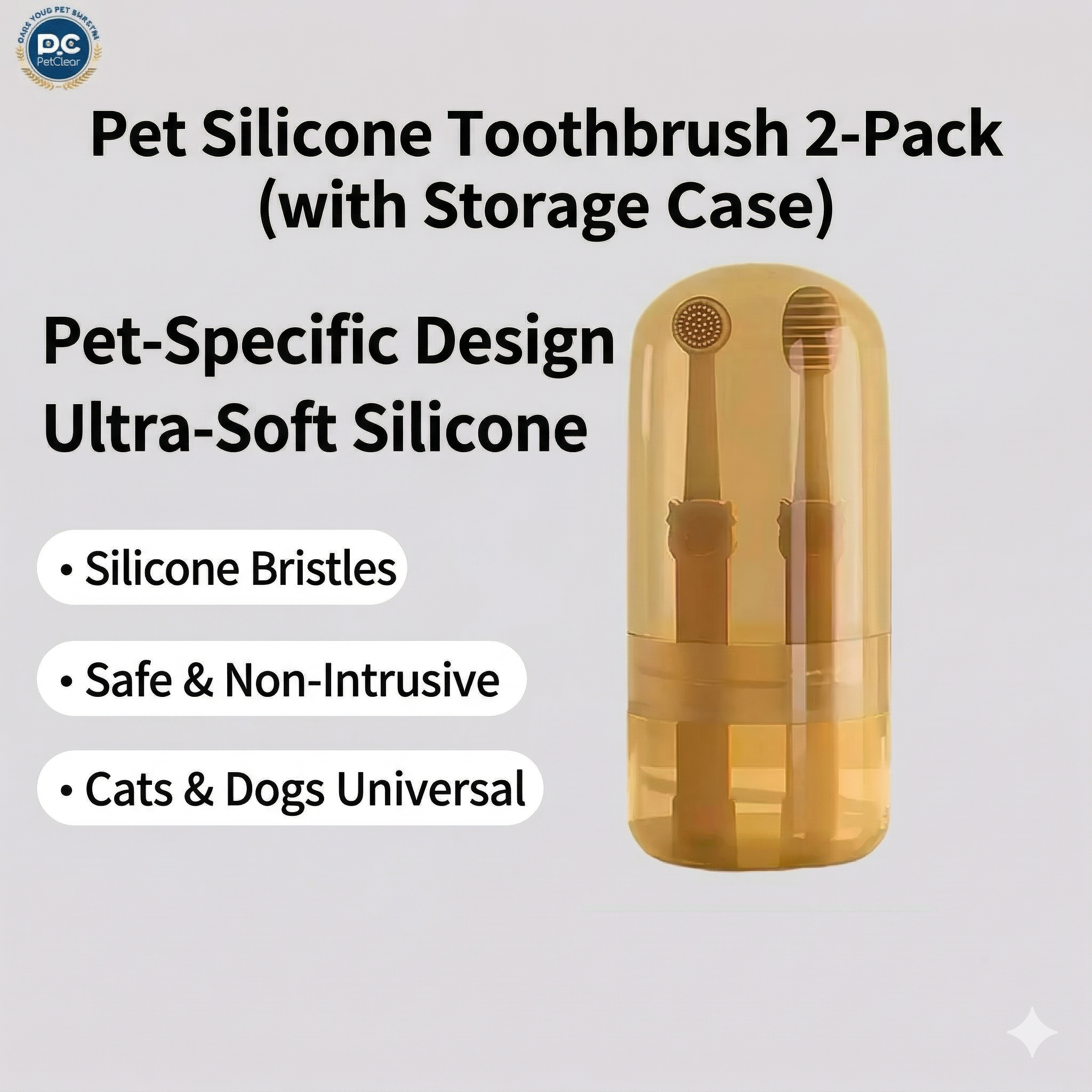 Pet silicone toothbrush 2-pack with protective yellow storage case for cats and dogs