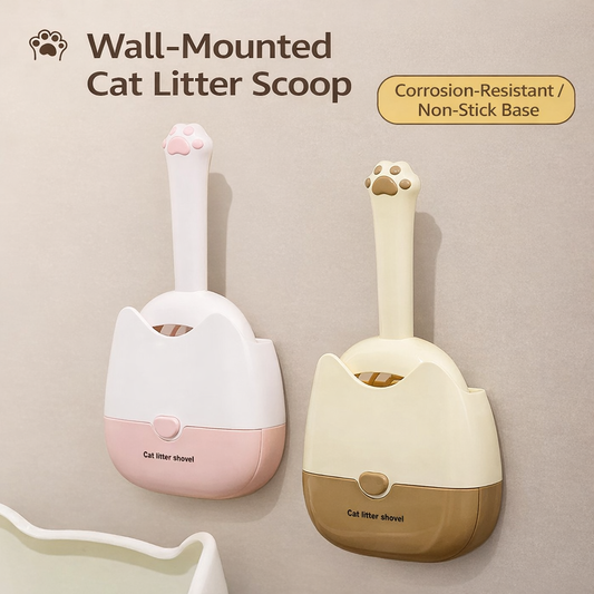 Wall-mounted cat litter scoops in pink and brown with cat head holder covers