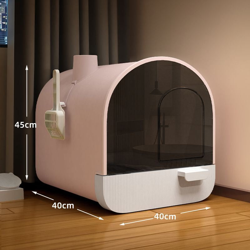 Pink Sweet Steamboat enclosed cat litter box with pull-out drawer tray, chimney vent, and scoop holder