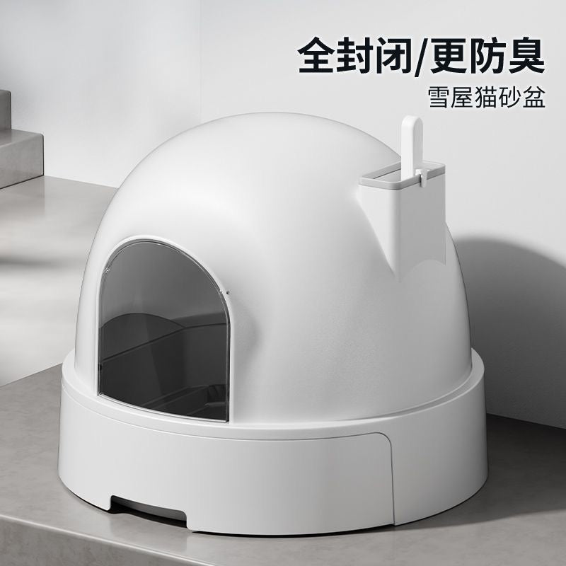 Modern white Igloo enclosed cat litter box with hooded dome cover and scoop holder