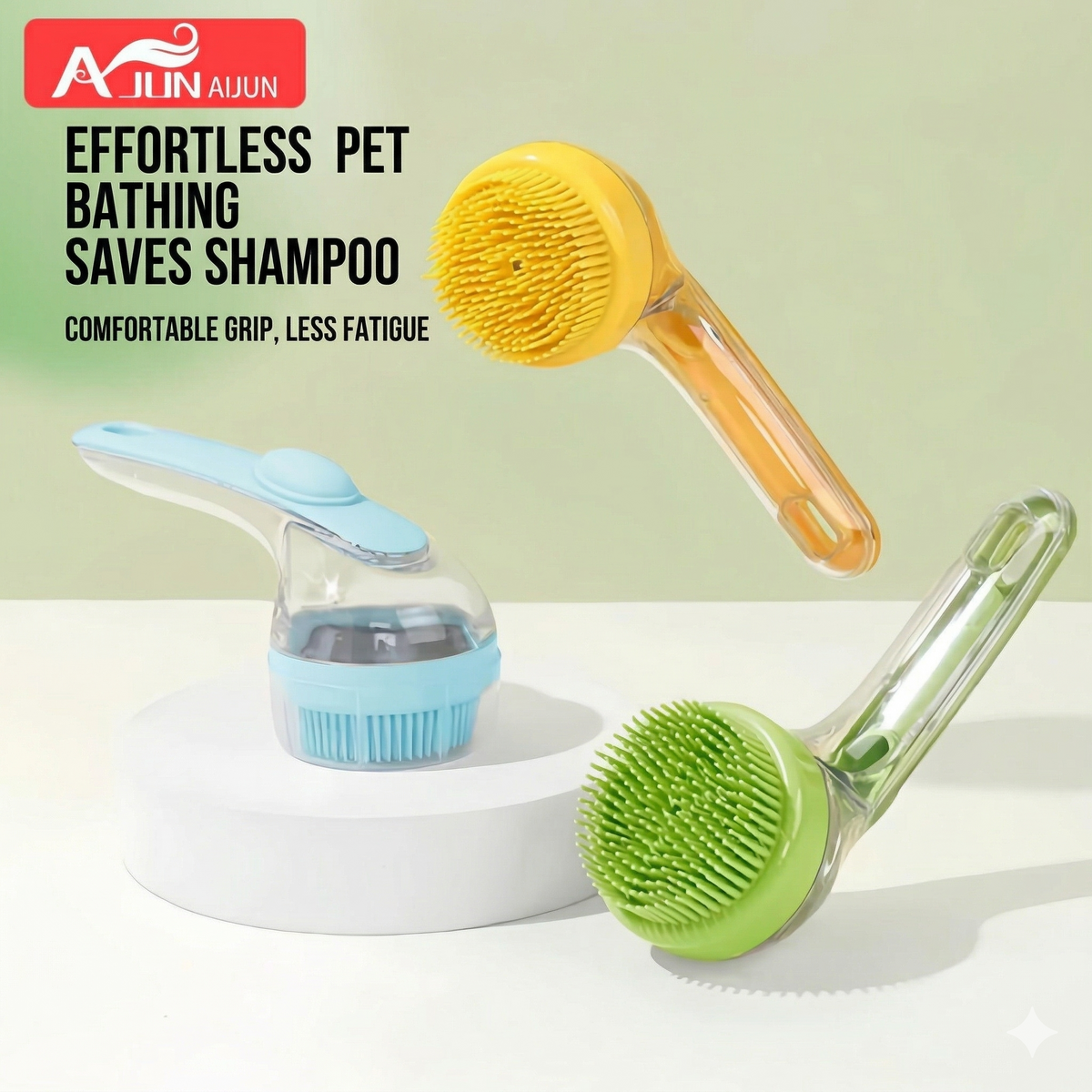 Soapy Scrub silicone pet bath brushes in green, blue, and yellow with soap dispenser handle