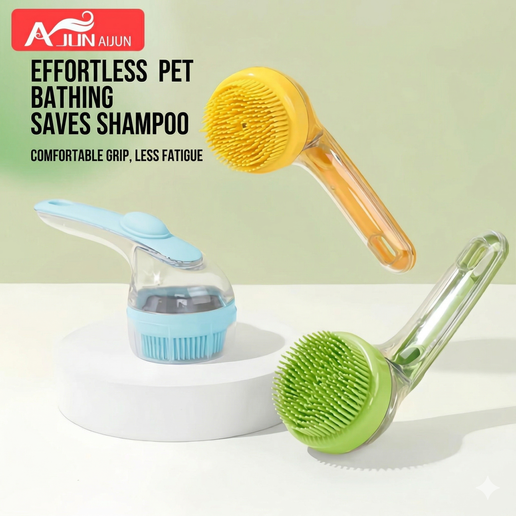 Soapy Scrub silicone pet bath brushes in green, blue, and yellow with soap dispenser handle