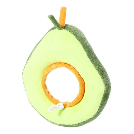 Plush green avocado costume neck pillow for cats and small dogs with adjustable drawstring