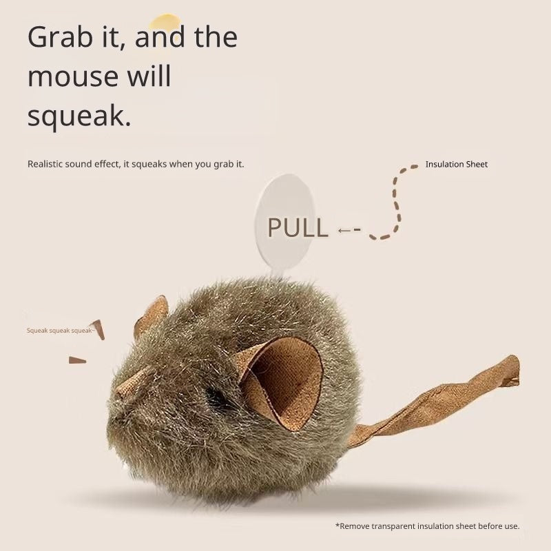 Realistic brown plush squeaky mouse cat toy showing sound activation pull tab