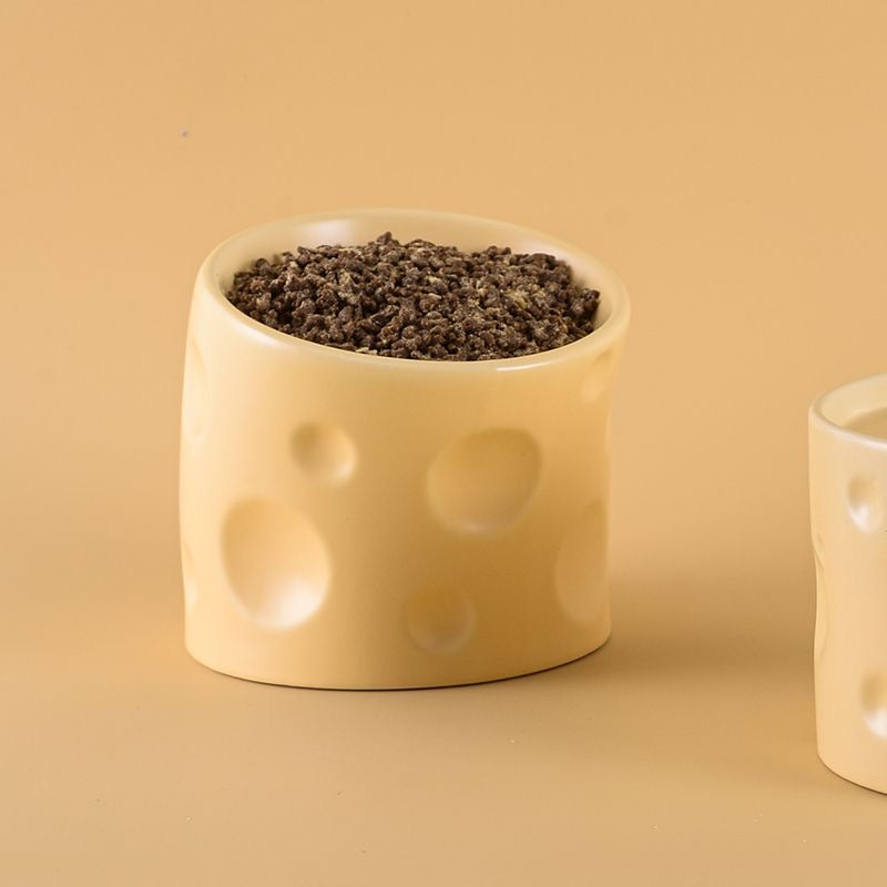 Cheese ceramic pet feeding bowl in yellow with cute cheese dimples