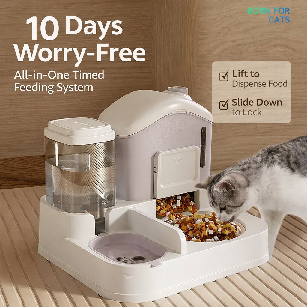 Villa Dining Duo 2-in-1 automatic pet feeder and water dispenser station with cat eating