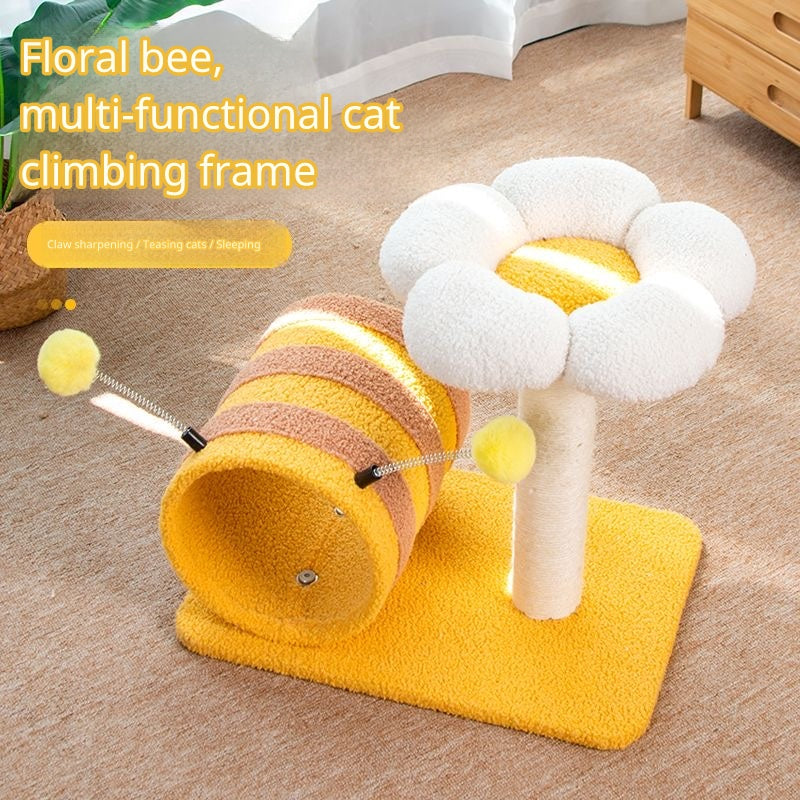 Buzzy Bee and flower cat climbing frame with teddy fleece tunnel and flower perch