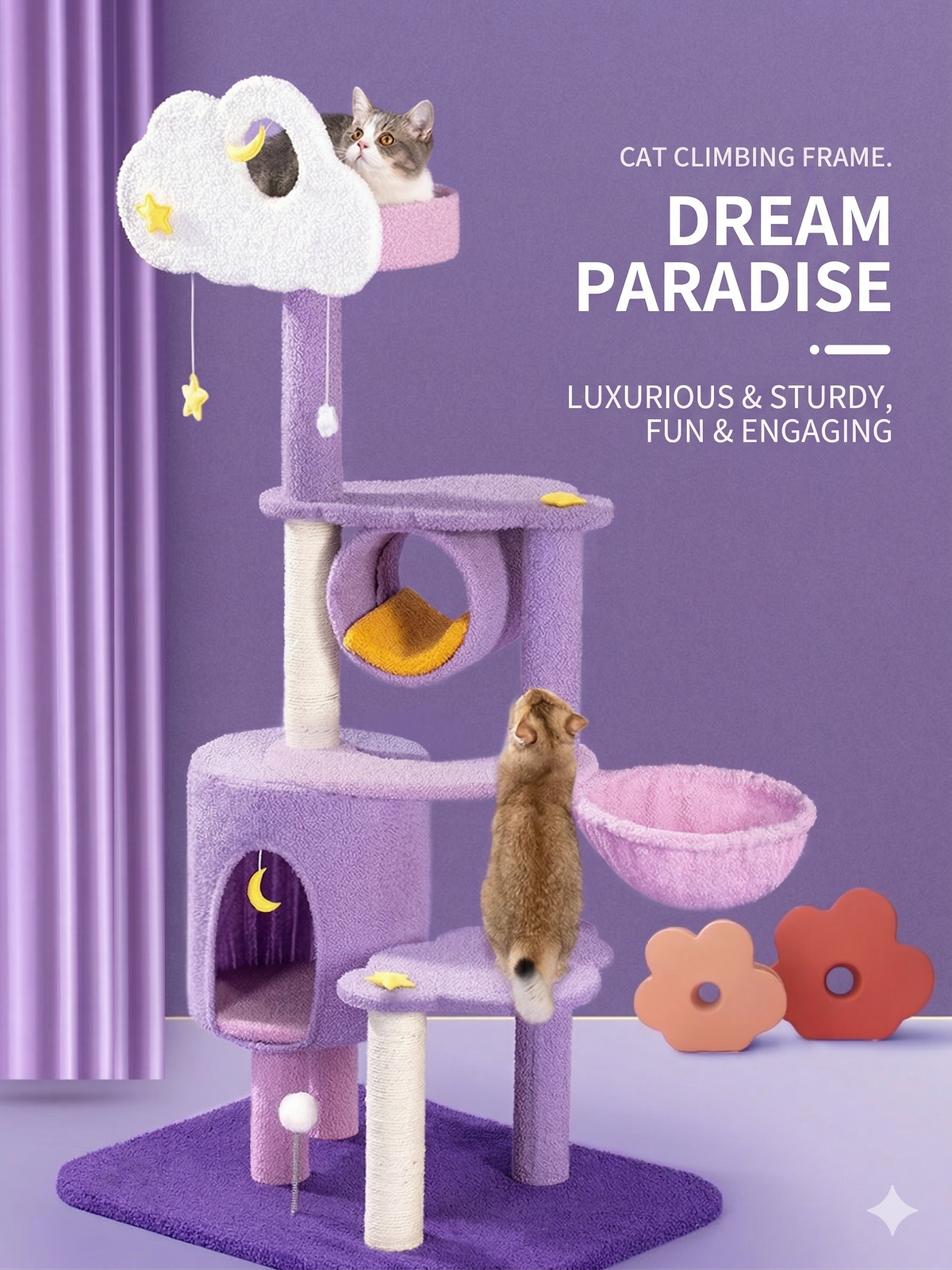 Starry Night purple multi-level cat tree tower with cloud perch, hammock, and sisal scratching posts