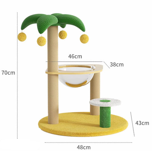 Coconut Oasis palm tree cat tree tower with dimensions, clear acrylic bowl bed, and sisal scratching posts