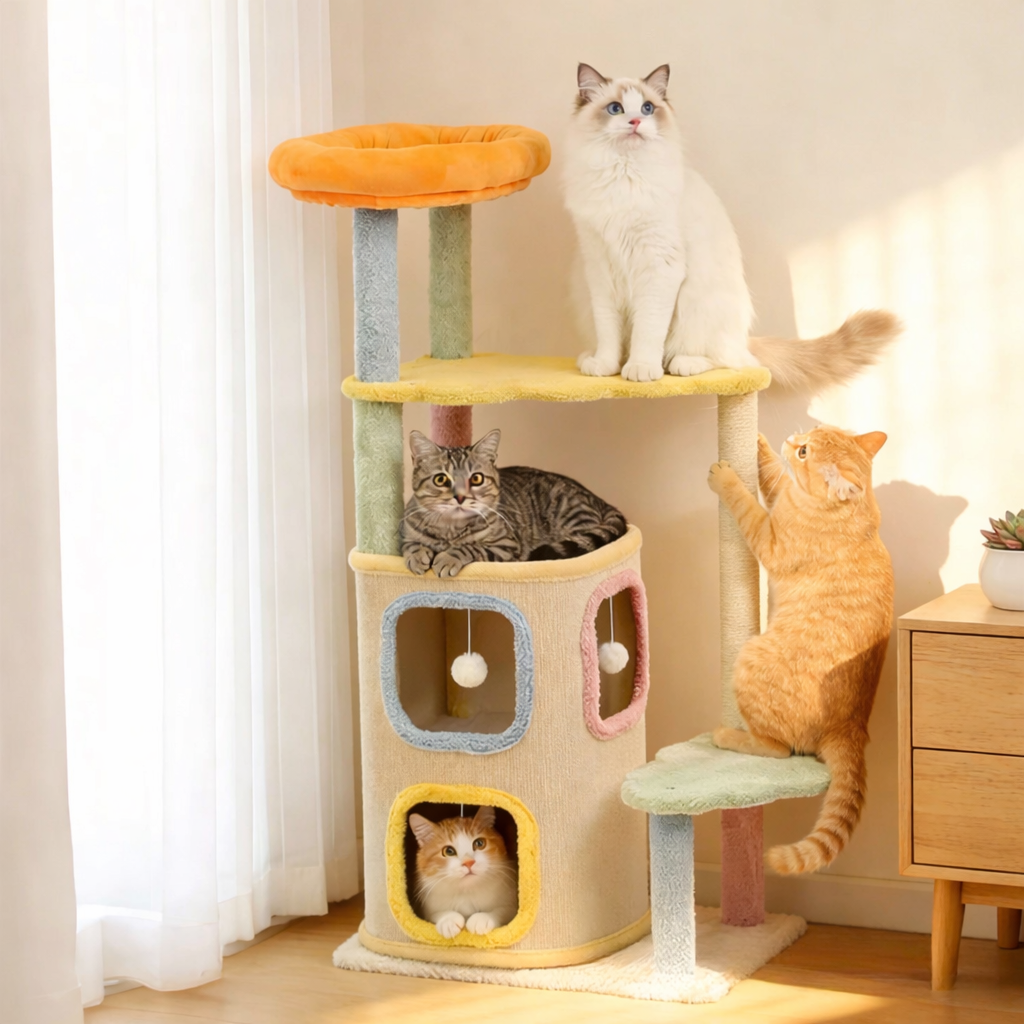 Pastel Paradise multi-level pastel cat tree condo with teddy fleece perches and sisal scratching posts with cats playing